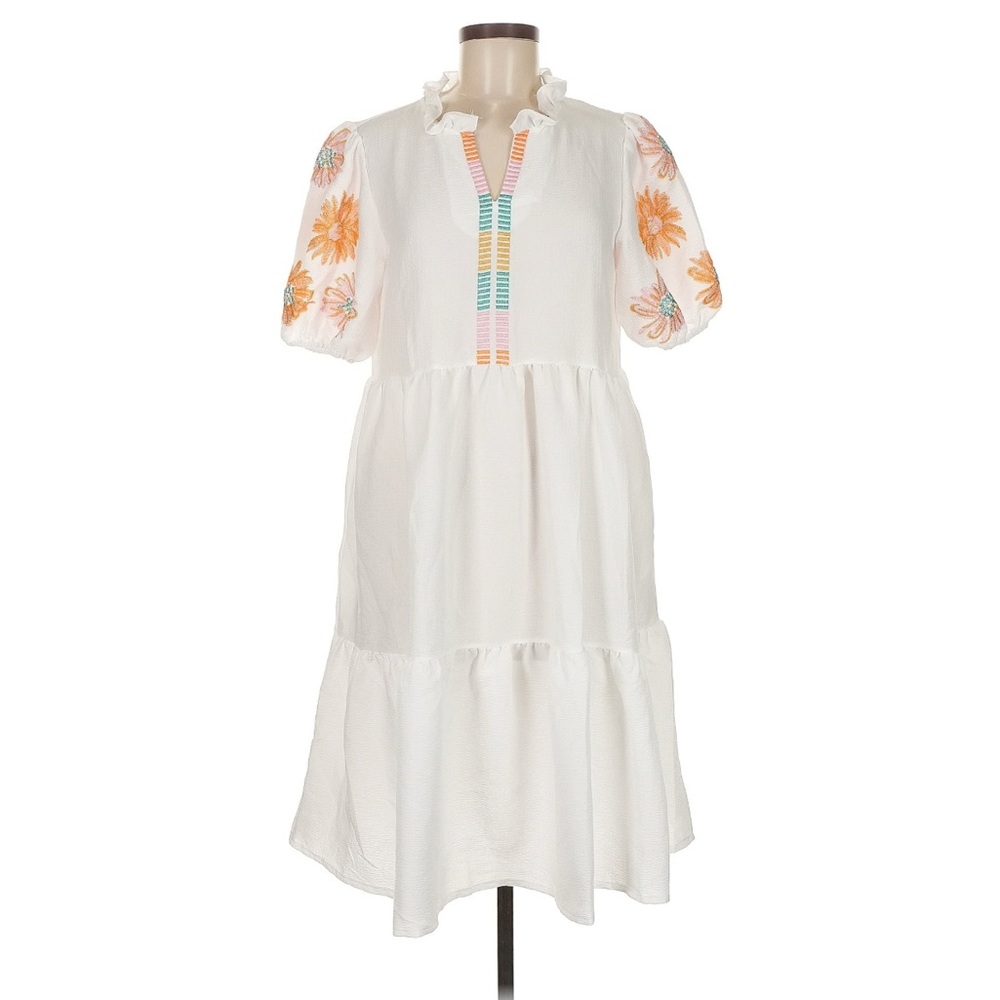 White Embroidered Puff Sleeve Dress